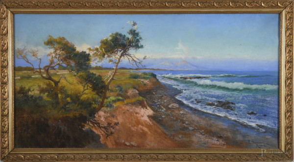 Pietro Barucci (1845 – 1917), Veduta Costiera, pastelli su carta , cm 46,5x105,5, firmato e iscritto "Roma" in basso a destra, entro cornice