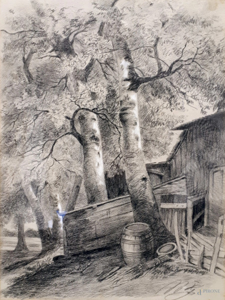 Artista dell’800, Alberi e casolare, disegno a carboncino e rialzi in biacca, cm 43x32, firmato, entro cornice