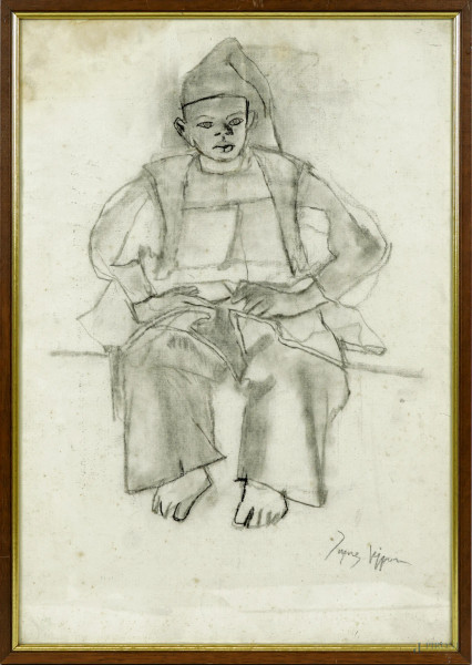 Ritratto di giovane seduto, carboncino su carta, firmato in basso a destra Jacques Villon, cm 48,5x34, entro cornice