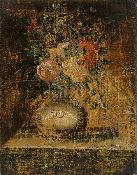 Vaso con fiori, antico dipinto ad olio su tela, cm 32,5x25, (cadute di colore, difetti).
