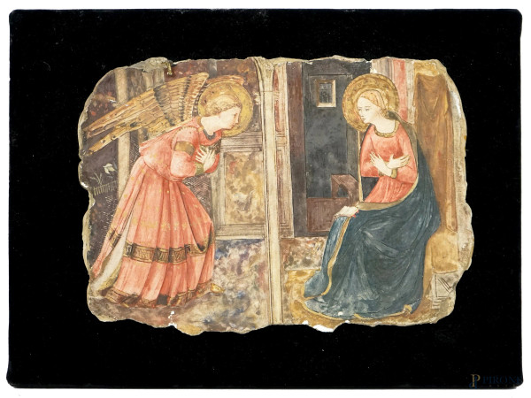 Da Beato Angelico, Annunciazione, riproduzione in gesso, cm h 17x24, XX secolo, (difetti).