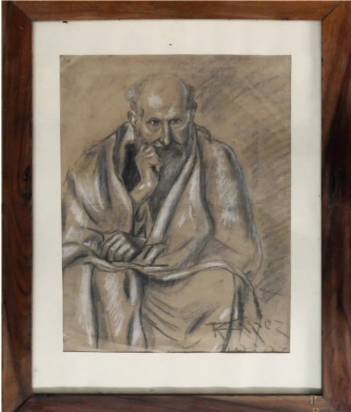 Renzo Capezzuoli (1909-1966) ritratto di anziano filosofo, 1930, tecnica  mista su cartoncino       cm   36 x 48, in cornice, con catalogo mostra personale del pittore