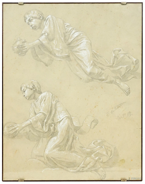 Eugenio Cisterna (1862-1933) attr.a, Studio per fanciullo con urna tra le mani, disegno a matita e biacca su carta, cm 56x44,5, entro cornice, (macchie e difetti sulla carta)