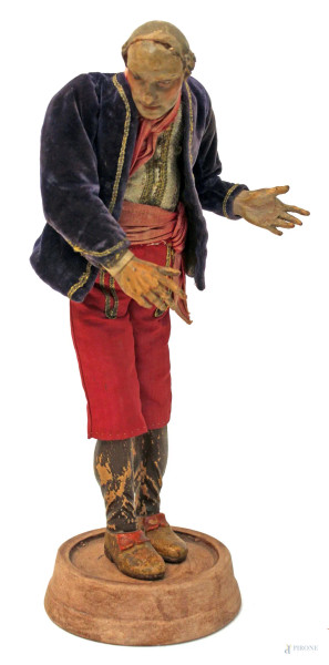 Personaggio da presepe napoletano, H 30 cm, XIX sec, (difetti).