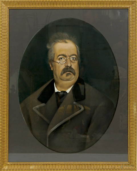 Ritratto di uomo con occhiali, pastello su cartoncino in assetto ovale, XX secolo, cm 75x50, entro cornice