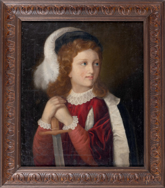 Fanciullo in costume con spada, XIX secolo, olio su tela, cm 56,5x47,5, entro cornice, (lievi abrasioni)