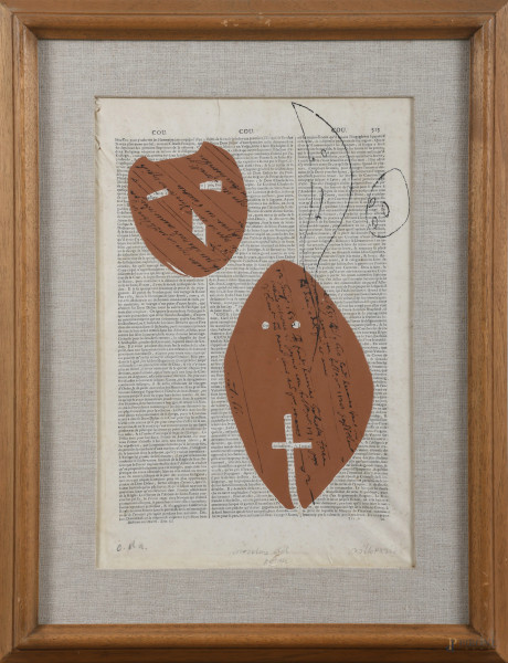 Maschere, litografia su carta es. C.d.A., cm 49x36, firmato in basso a destra, entro cornice, (segni di usura, piccole lacerazioni, ondulazioni e increspature della carta)