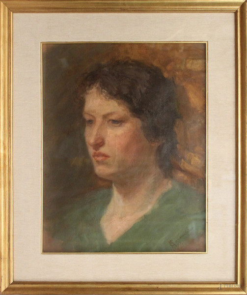 Ritratto di donna, olio su tela firmato M. Carnevale, cm 42 x 33, entro cornice.
