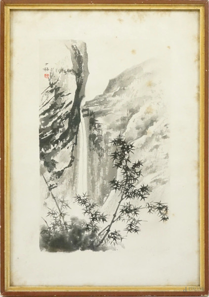 Albero con cascata, multiplo su carta, cm 36x24, Giappone, XX secolo, (macchie)