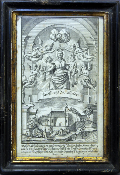 Incisione su carta a soggetto religioso, 16x10 cm, entro cornice datato 1768