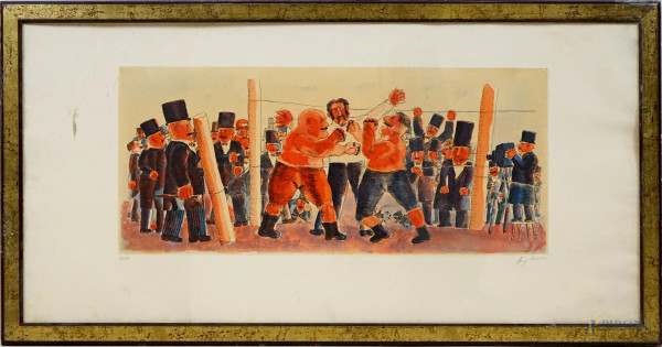 Borghese Franz - Incontro di boxe, litografia, cm 50x100, ES.73/99, entro cornice, (difetti sulla carta).