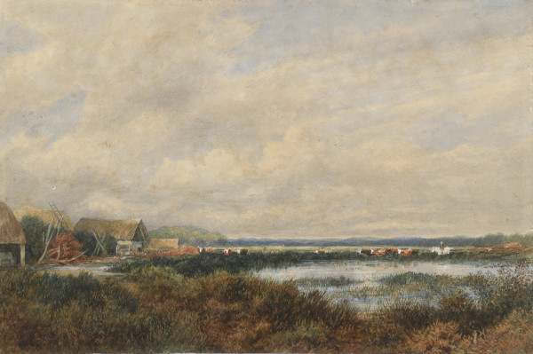 David Cox (1783-1859), Buttero nella palude, tecnica mista su carta, cm 36x53,5, firmato in basso a sinistra, (Segni di usura, piccoli fori, tracce di umidità, ossidazione della carta, cadute di colore, difetti)