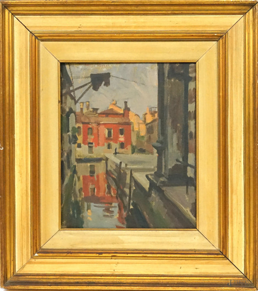 Canale a Venezia, olio su cartone, cm 43,5x35, firmato Marco Novati, entro cornice