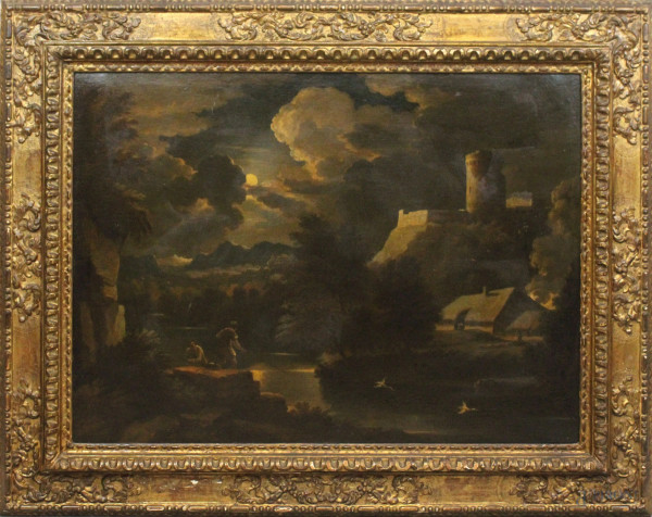 Pieter Mulier Cavalier Tempesta - Paesaggio fluviale con pescatori al chiaro di luna, olio su tela, cm 72x98, entro cornice