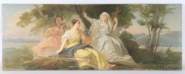 Scena allegorica, XX secolo, olio su compensato, cm  25,5x69, (segni di usura, cadute di colore)