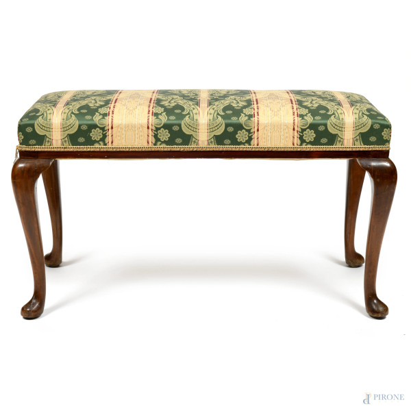 Panchetta in legno con seduta imbottita e rivestita in tessuto, XX secolo, cm 52x44x94, (segni di usura, difetti)