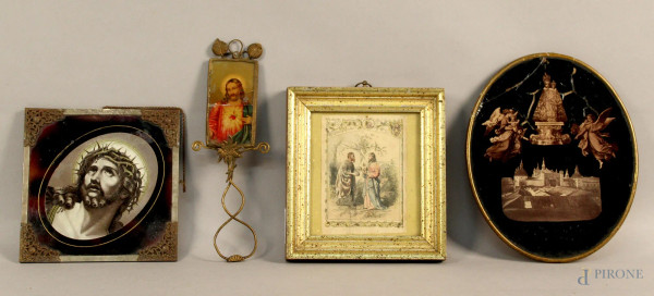 Lotto composto da quattro quadretti raffiguranti soggetti sacri, h. max 23 cm, primi 900.
