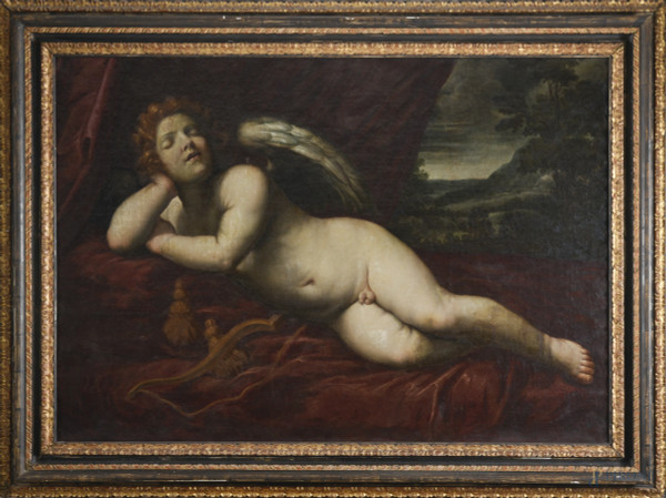 Amore dormiente (da Guido Reni), XVIII secolo, olio su tela, cm 92x130, entro cornice
