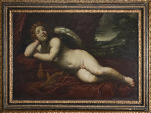 Amore dormiente (da Guido Reni), XVIII secolo, olio su tela, cm 92x130, entro cornice