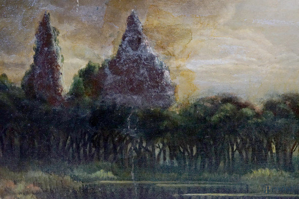 Verso sera nelle Paludi pontine, olio su tela, cm 48x84,5, siglato e datato "MRD 1916" in basso a...