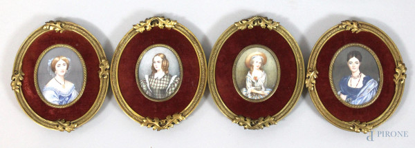 Quattro miniature raffiguranti dame, misure max cm. 8,5x7, XX secolo