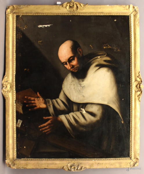 Santo in meditazione, olio su tela reintelato 118x98 cm, fine XVII sec., entro cornice, cadute di colore, firmato Luca Giordano