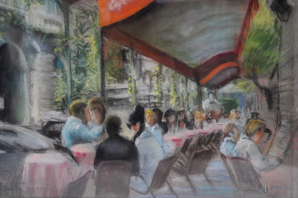 Café de Paris Restaurant, pastelli su carta, firmato in basso a sinistra, cm 33.5x48.5, entro cor...