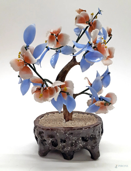 Bonsai vintage realizzato con mix di pietre preziose e giada nelle tonalit&#224; del rosa e azzurro, altezza cm 35 circa