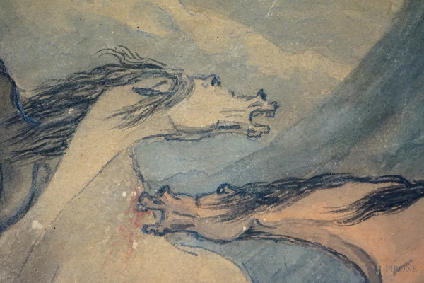 Combattimento tra cavalli, tecnica mista su carta applicata su tela, datato in basso a destra "Ma...