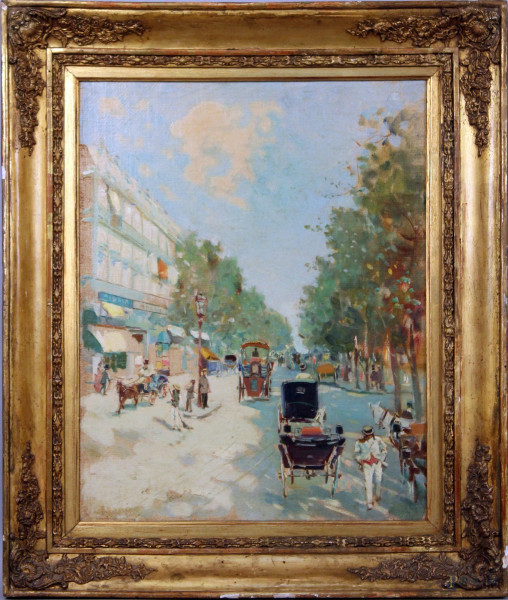 Scorcio di Parigi, olio su tela, cm. 44,5x35,5, entro cornice.