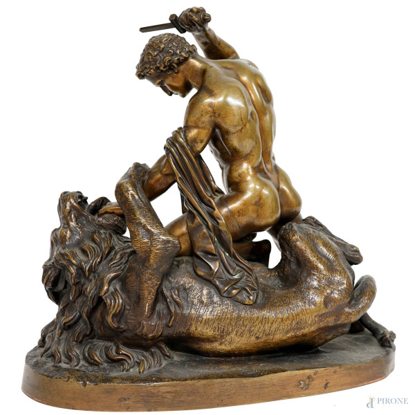 Alessandro e il leone, scultura in bronzo, firmata Coinchon, cm h 31