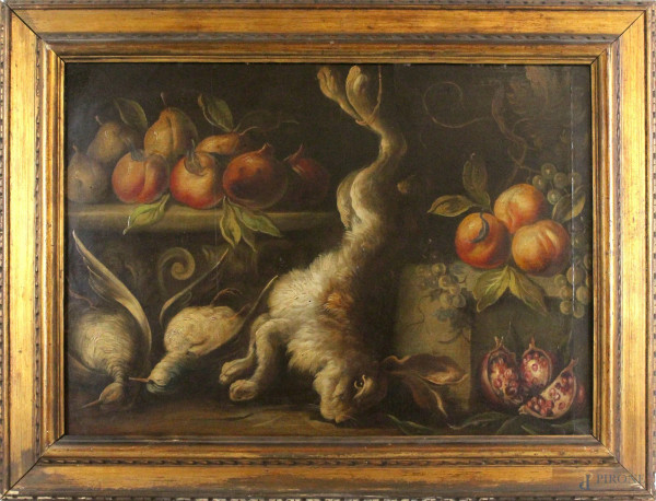 Natura morta-cacciagione, olio su tavola, cm 48x68, XIX-XX secolo, entro cornice