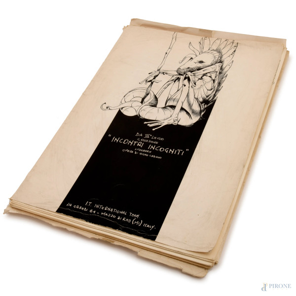Collezione di ventiquattro litografie da "Incontri incogniti" ad opera di Silvio Cadelo, cm 43x32,5, .T. International team,(segni di usura del tempo, bruniture ai margini, piegature e strappi)