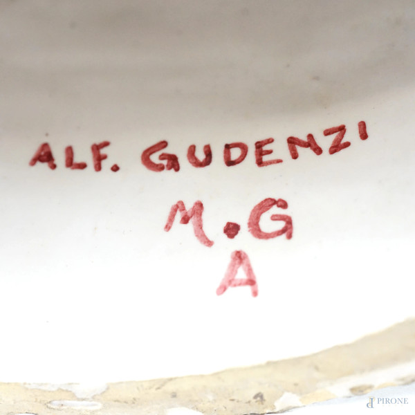 il cavaliere e la principessa, scultura in ceramica policroma, cm h 31, firmata Al Gaudenzi, M. G...
