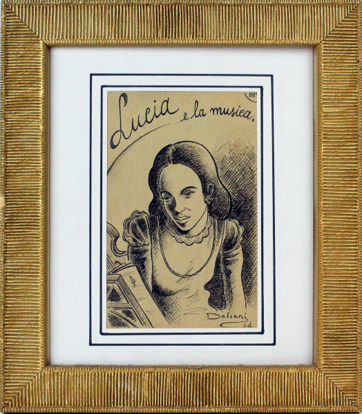 Lucia e la musica, pennarello su carta, cm. 22x13,5, firmato, entro cornice.