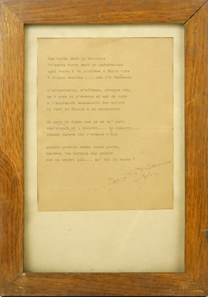 Poesia in dialetto romanesco battuta a macchina su carta applicata su cartone, cm 20,5x16, firmato, entro cornice.