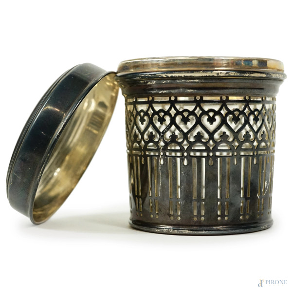 Barattolo in argento Tiffany & Co, interno in vetro, cm 9x8, peso gr. 125, (difetti)