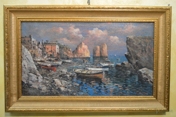 Scorcio di costa napoletana con barche e sfondo faraglioni, olio tela 69x39 cm, entro cornice firmato E.Bbriante.