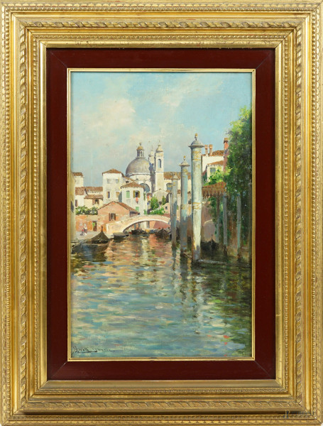 Scorcio di canale a Venezia, olio su tela, firmato in basso a sinistra, cm 38x24.5, entro cornice 