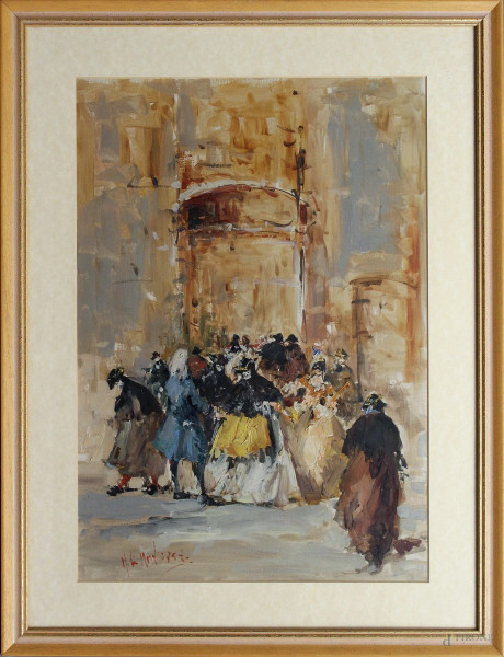 Carnevale, dipinto ad olio su tavola, cm 48 x 35, entro cornice, firmato.