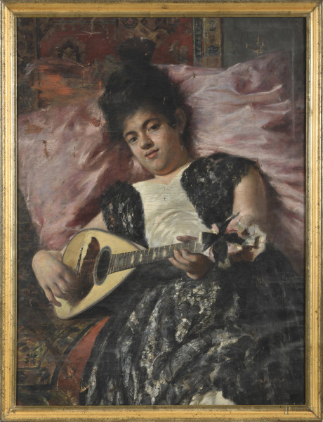 Ritratto di ragazza con mandola, XIX-XX secolo, olio su tela, cm 100x75,5, entro cornice, (segni di usura, lacerazioni, cadute e sollevamenti di colore, ondulazioni della tela, abrasioni, difetti)