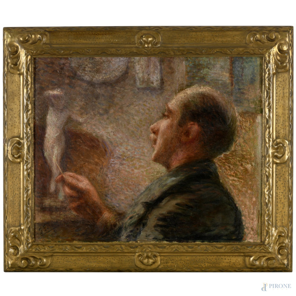 Lo scultore, olio su tela, firmato e datato "20" in basso a sinistra, cm 46x55, entro cornice, (difetti)