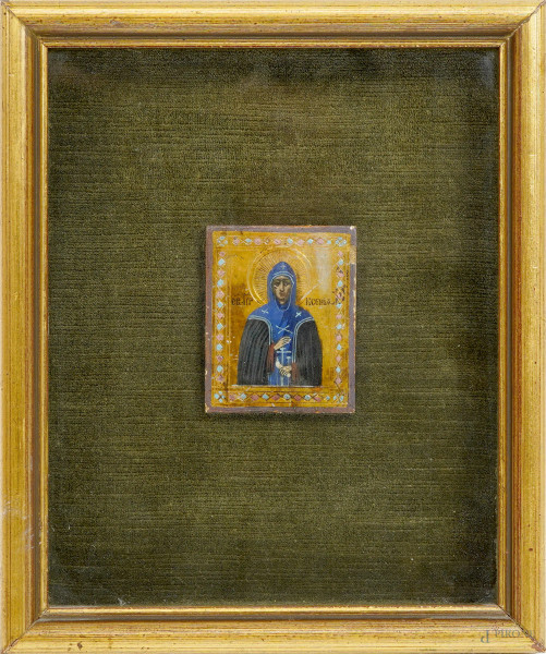 Icona da viaggio rappresentante Santa Ksenia, Russia, XIX secolo, tempera su tavola, cm 8,5x7, entro cornice