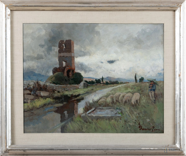 Pastore con gregge sulla via Appia, olio su cartone, cm 63,5x77,5, firmato in basso a destra, entro cornice, (lievi segni di usura, supporto lievemente imbarcato). 