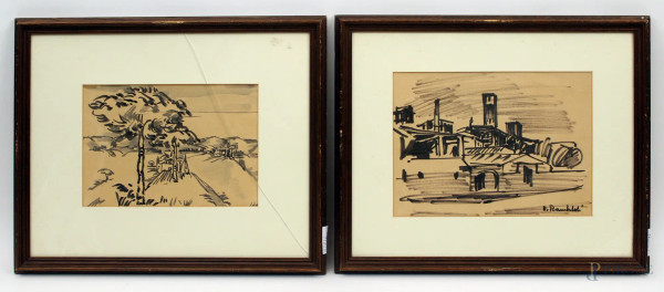 Coppia di disegni a tecnica mista su carta a soggetti di paesaggi cm, 25x20 cm, firmati entro cornici.
