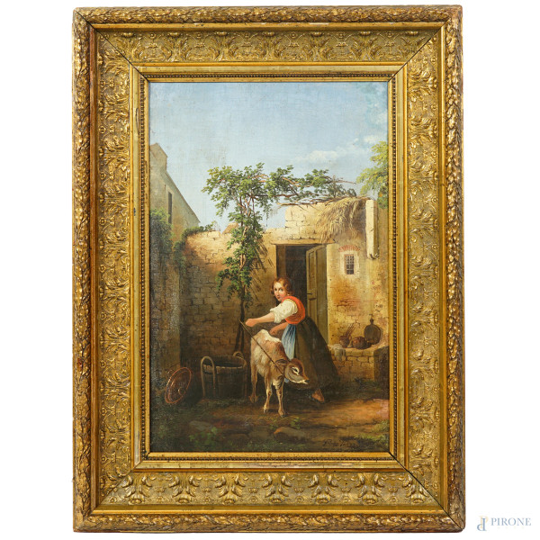 Pastorella, XIX secolo, olio su tela applicata su cartone, cm 50x33, firmato, entro cornice, (difetti)