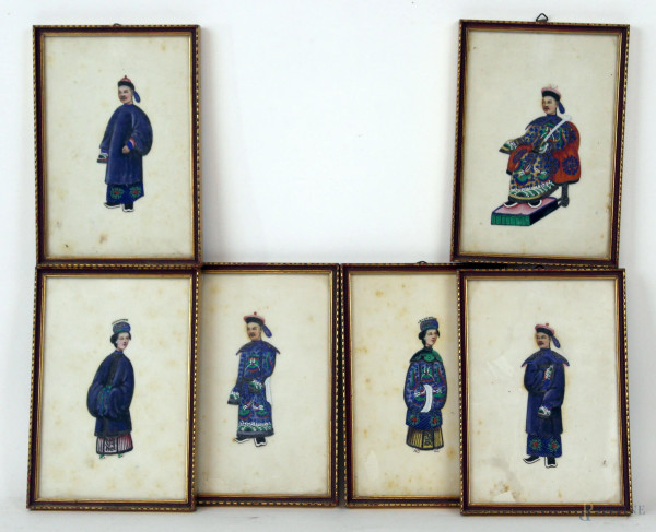 Lotto di sei personaggi aristocratici cinesi, tempera su carta di riso, cm 15x10, inizi XX secolo, entro cornici, (difetti sulla carta).