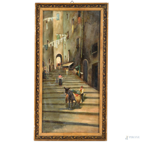 Vicolo con figure, XX secolo olio su tavoletta, cm 37x18, firmato in basso a sinistra, entro cornice