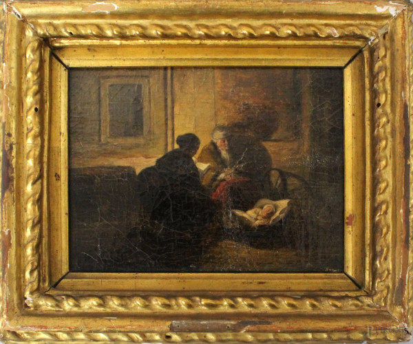 Interno con figure, olio su tela 13x16cm, datato 1844 , entro cornice.