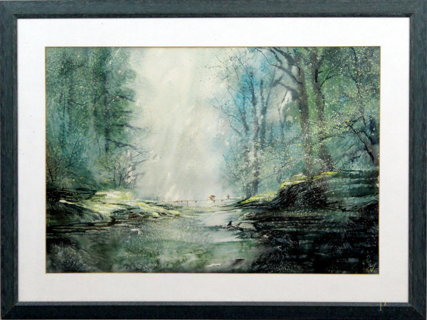 Chen Yanning - Paesaggio fluviale, acquarello su carta, cm 50x76, entro cornice.